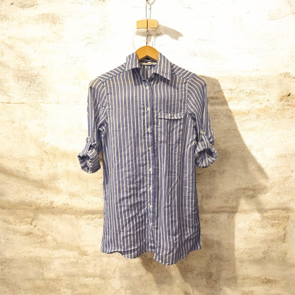 Hint of Blush Blue and White Striped Botton Down Shirt with roll tab sleeves